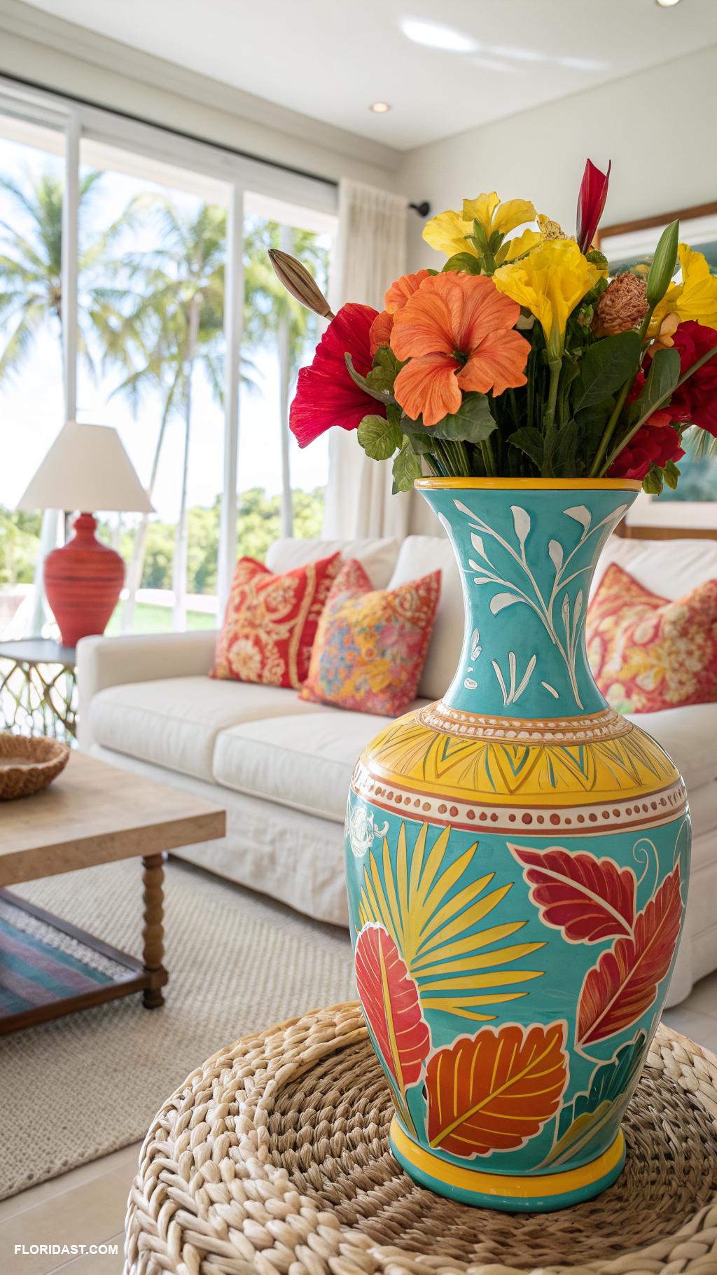 tropical living room decor Bright ceramic pieces for added color