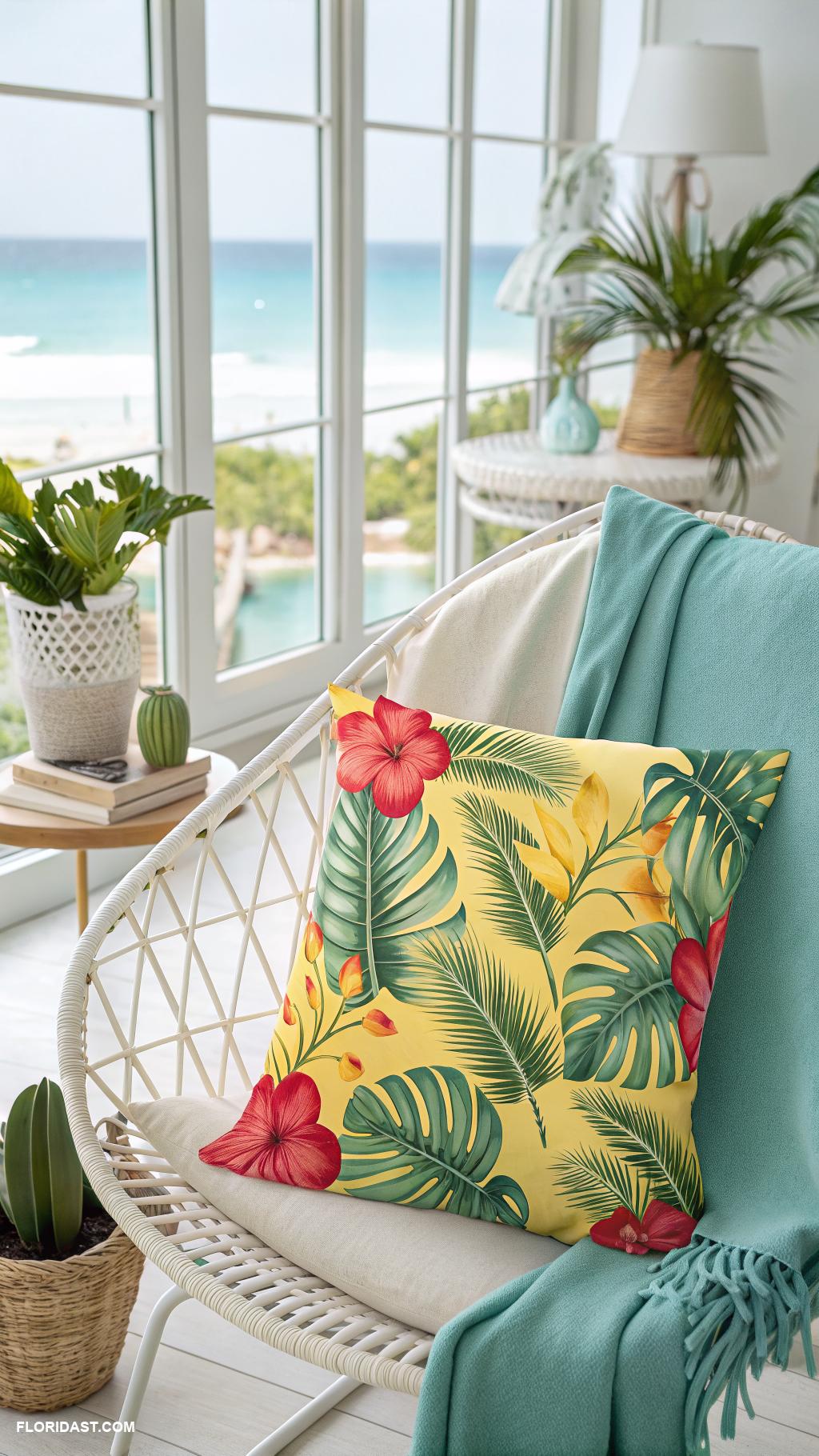 tropical living room decor Bright colored throw pillows for tropical vibe