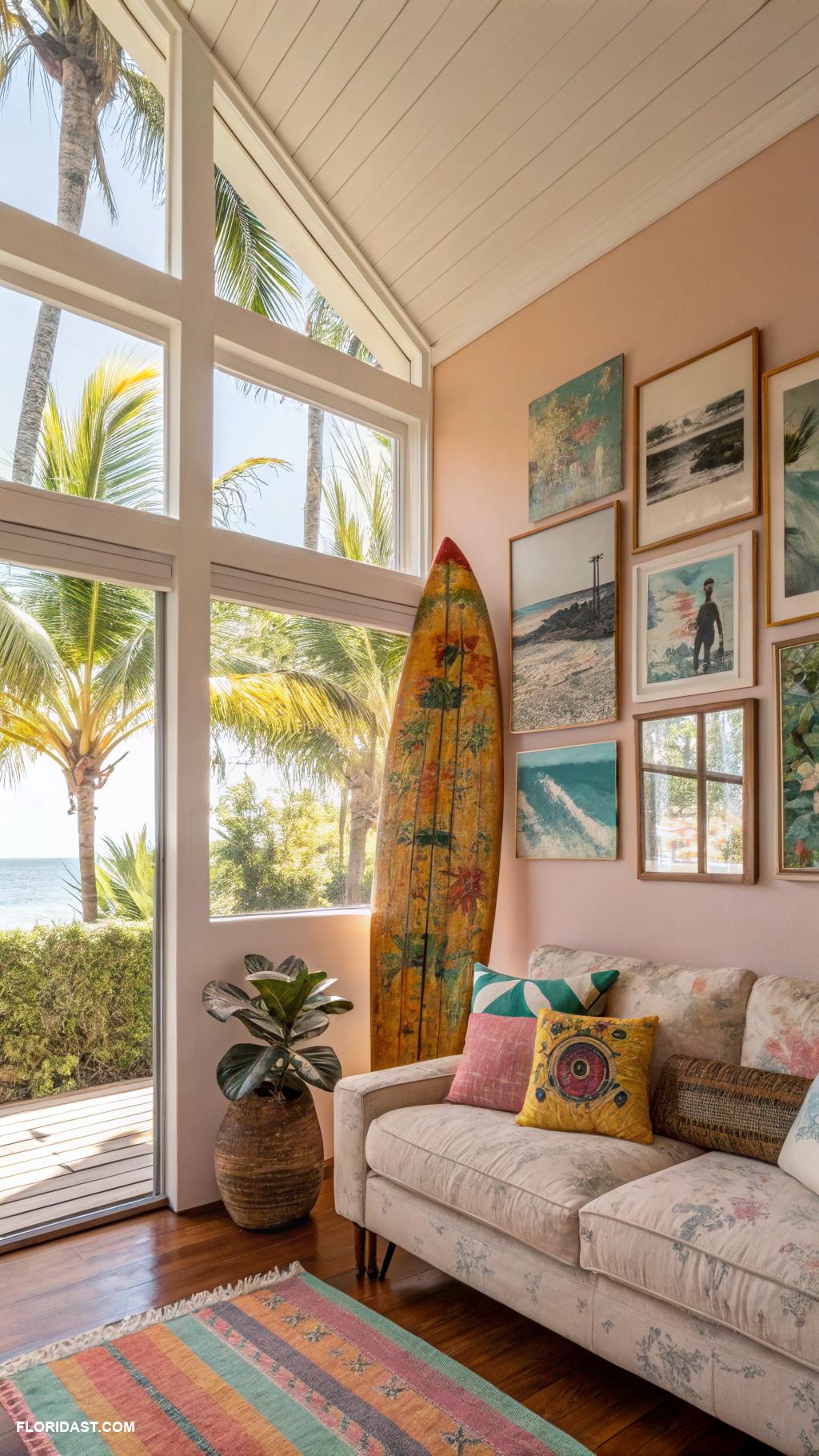 tropical living room decor Vintage surfboards as decor statement