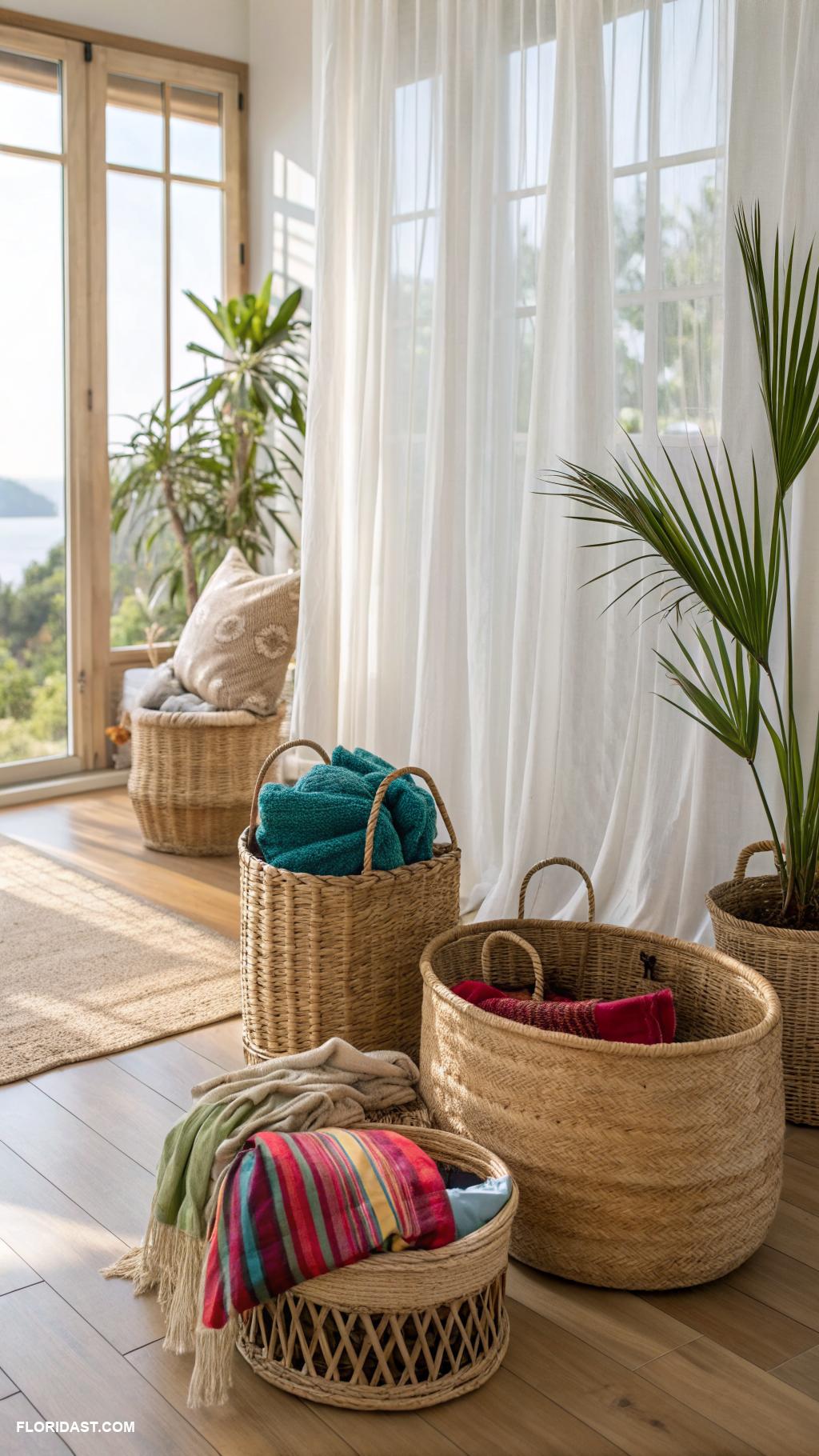 tropical living room decor Woven baskets for stylish storage solutions