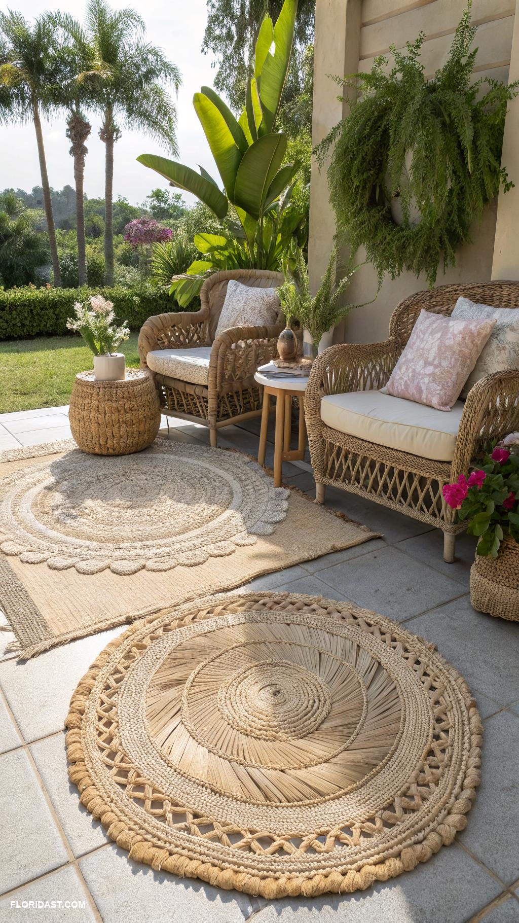 wicker furniture Layered wicker rugs for texture and warmth