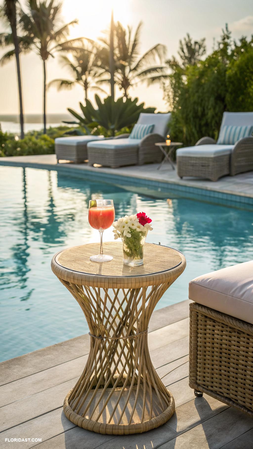 wicker furniture Stylish wicker side table by the pool